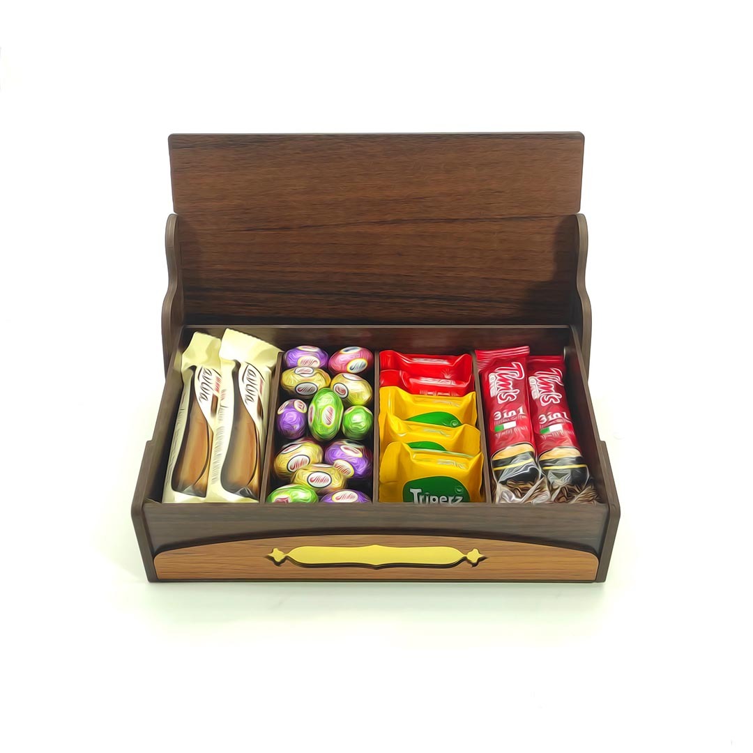  جعبه پذیرایی تتریس مدل کیانلی چوبی با درب باز همراه نسکافه و دمنوش و شکلات 
