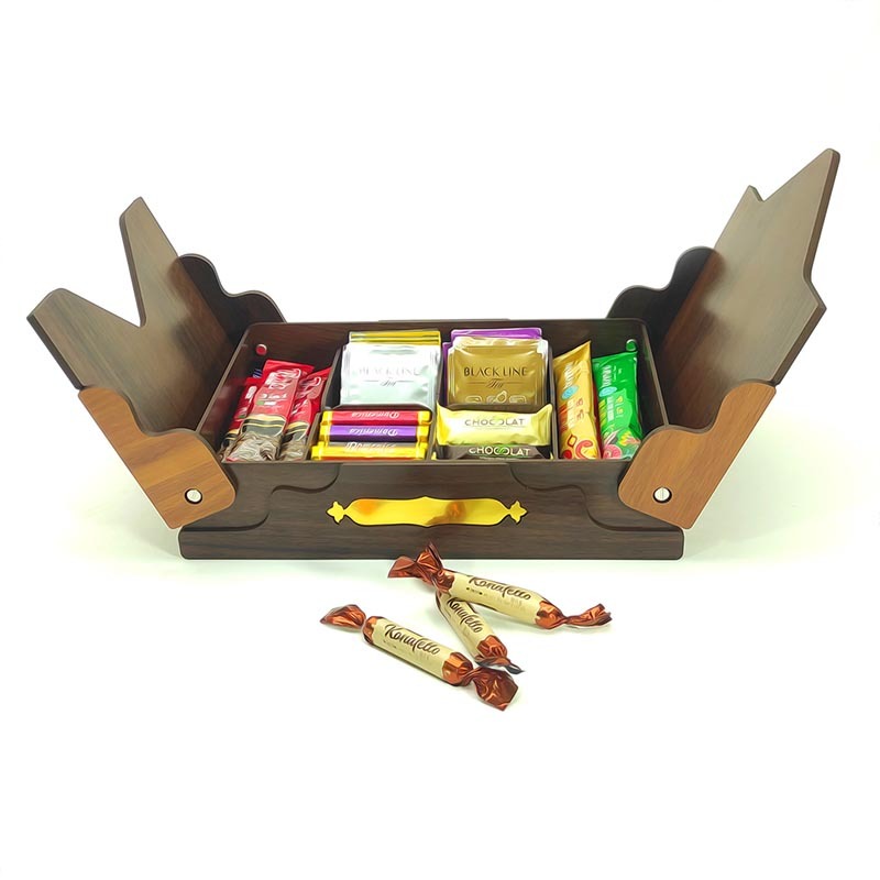  جعبه پذیرایی لوکس مدل کیانلی چوبی با درب های باز همراه نسکافه ، دمنوش ، شکلات 